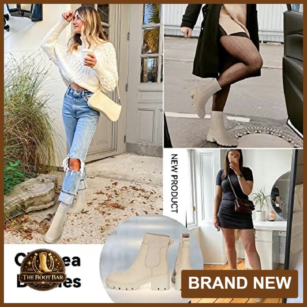Platform Chelsea Boots Slip On Ankle Booties Lug Sole Chunky Heel - Picture 3 of 8
